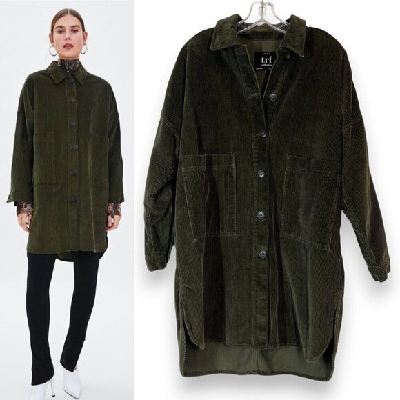 Zara Shirt Shacket Utility Corduroy Button Jacket Oversized Green - Picture 1 of 8